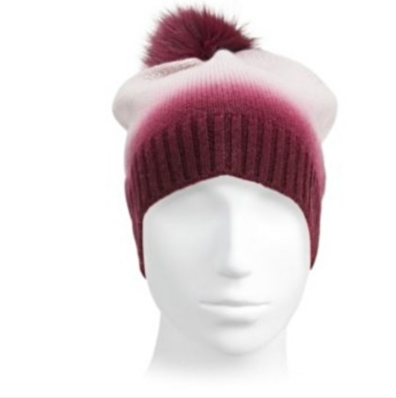 Sofia cashmere and fox fur pom-pom beanie in burgundy and winter white - Picture 4 of 4